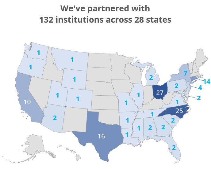 A map of the United States, with shading and numbers to indicate the number of institutions in each state that have worked with the ASN