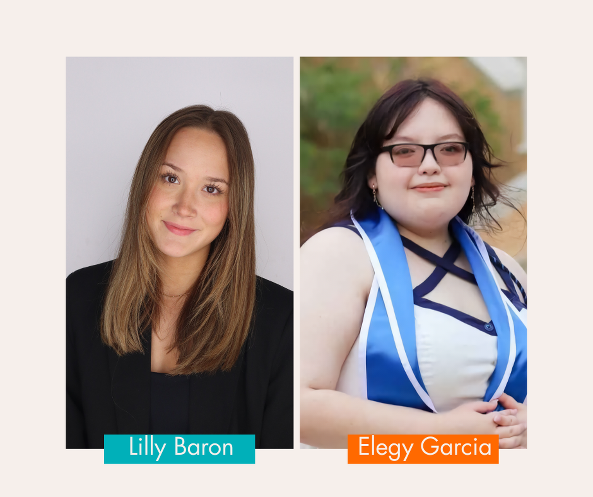 Lilly Baron on the left in a black blazer, and Elegy Garcia on the right in a white and blue outfit.