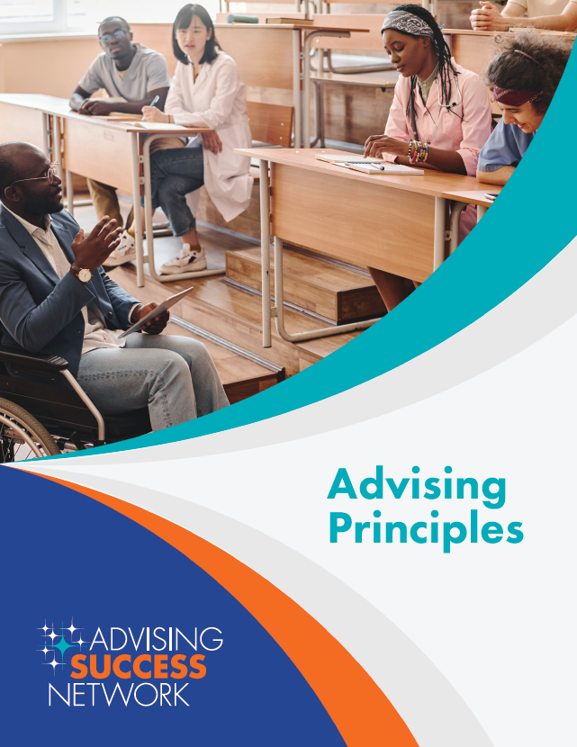 Front cover of the Advising Principles document, showing a professor and students engaged in a class discussion