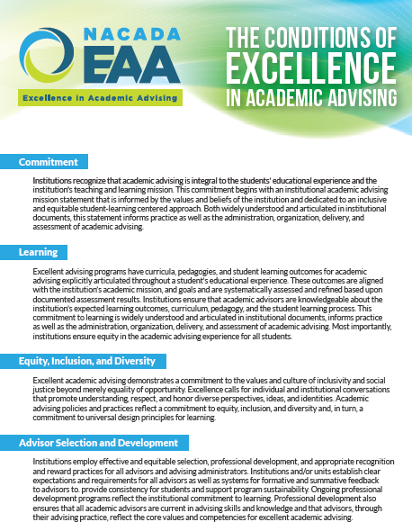 First page of the Conditions of Excellence in Academic Advising resource from NACADA. Resource is available for download.