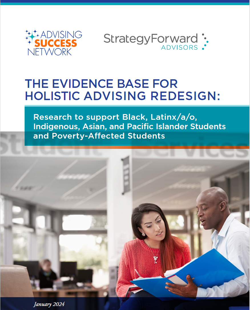 Front cover of research brief The Evidence Base for Holistic Advising Redesign, which features a scene of an advisor and a student in discussion.