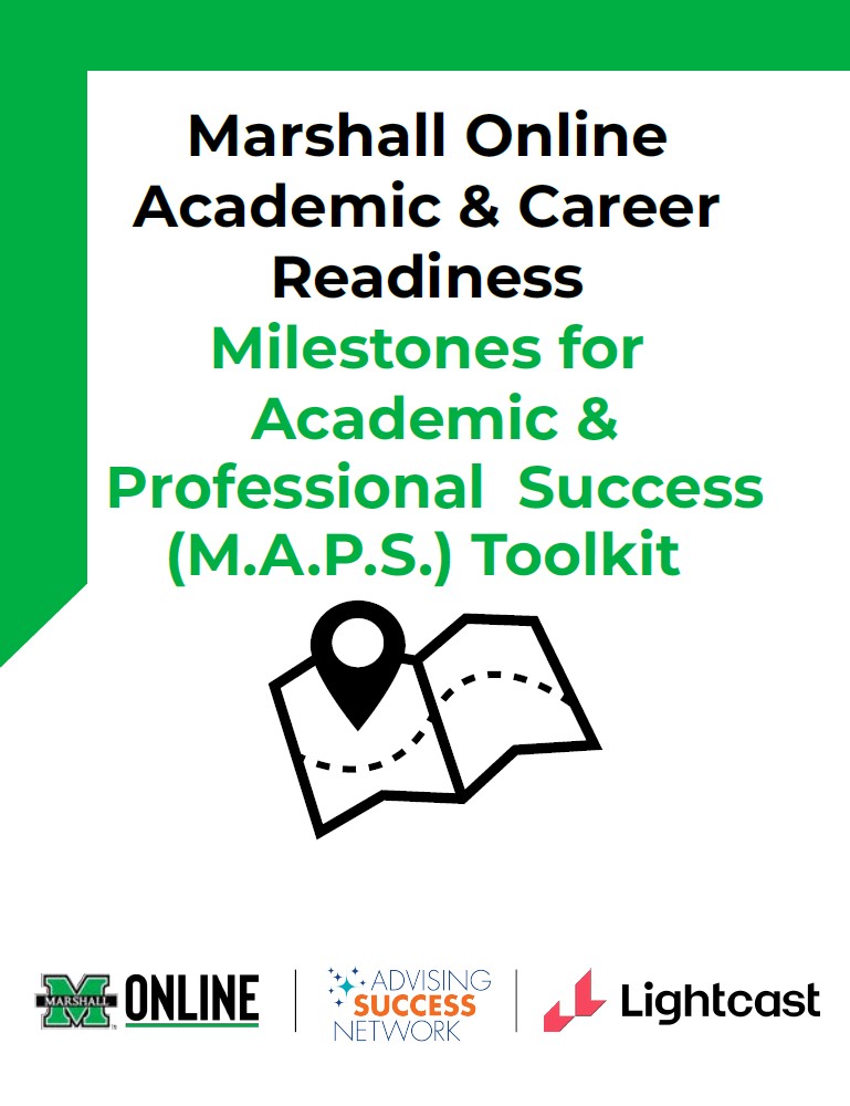 Front cover of the academic and career readiness maps toolkit with the title of the publication, an icon of a folded map, and the logos for Marshall Online, Advising Success Network, and Lightcast