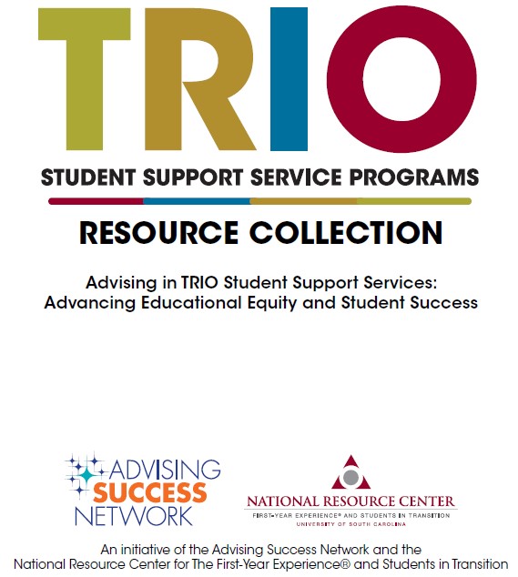 Image of front cover of the TRIO Student Success Resource Collection report, which includes the title of the report and the logos for the Advising Success Network and National Resource Center for the First-Year Experience and Students in Transition.